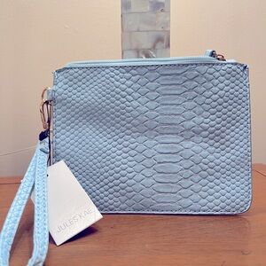 Jules Kae Darla Vegan Leather Croc Embossed Wristlet Pouch Baby Blue